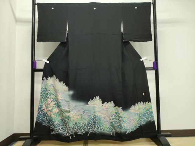 平和屋着物●十日町友禅作家 阿部佳雪 黒留袖 風景松梅文 暈し染め 正絹 ♥ CAAX5919gh