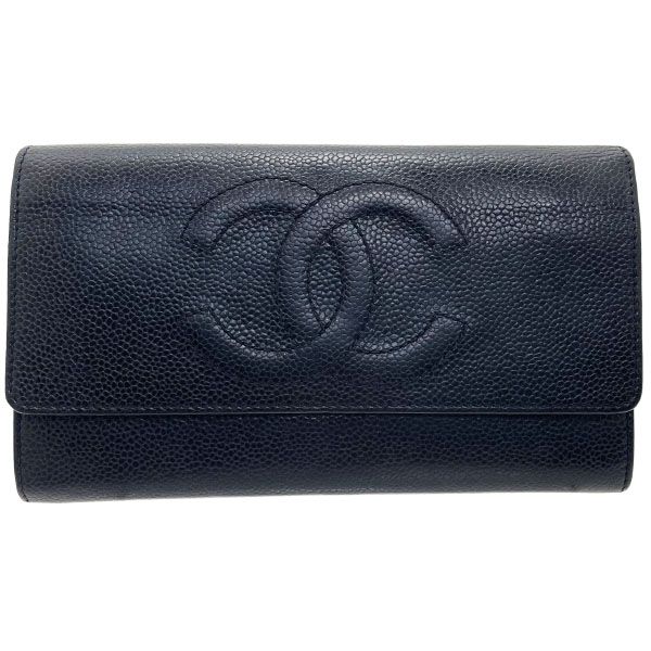 シャネル 長財布 ココマーク 二つ折り長財布 キャビアスキン レザー 革 ブラック 黒 CHANEL CC ファスナー長財布 財布 ロングウォレット ウォレット サイフ