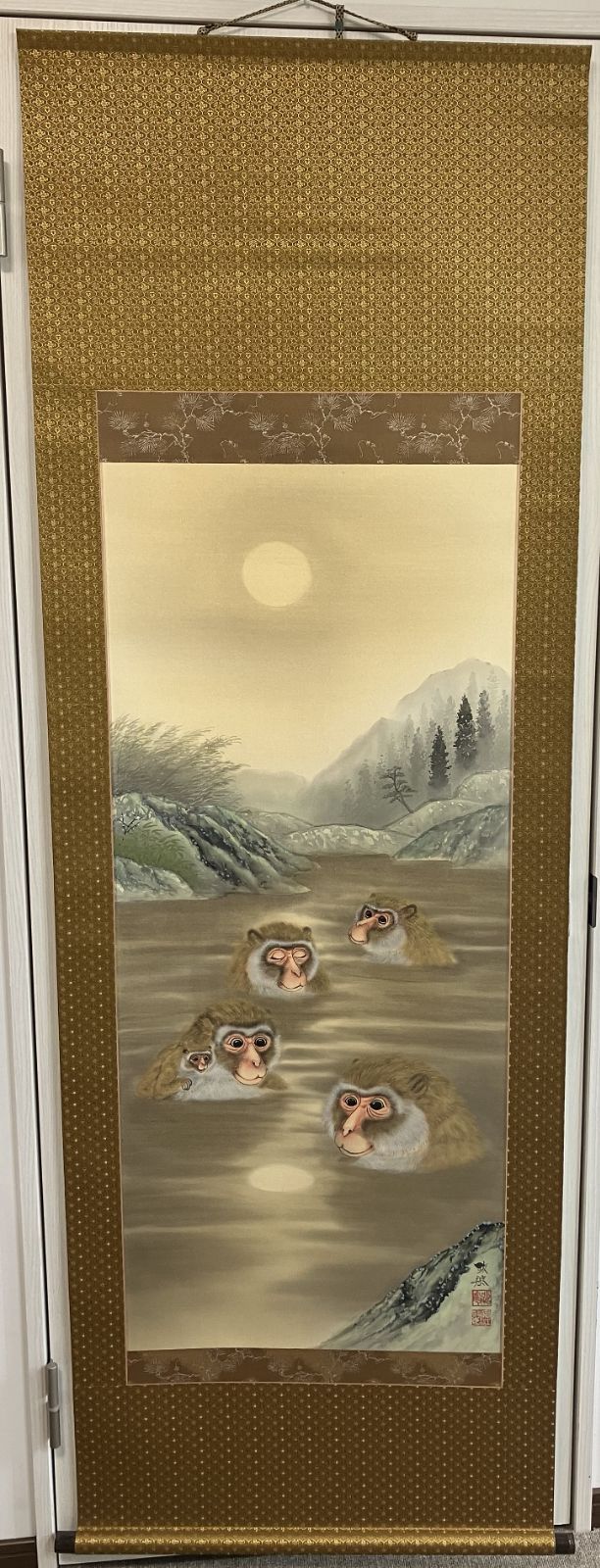 エクセルヒューマン掛け軸 特別値下げ！！掛け軸 安江政敏作「月がござる」肉筆画 尺八立