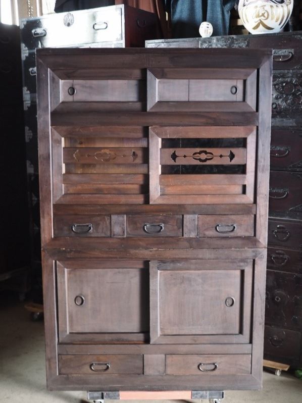 二段重ねアンティーク水屋箪笥 明治～大正時代 古録展 送料無料 品番S10823