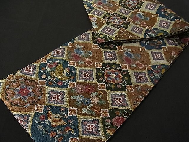 平和屋1□極上 総刺繍 絽刺し 区限刺繍 全通柄袋帯 花喰い鳥 金糸 逸品