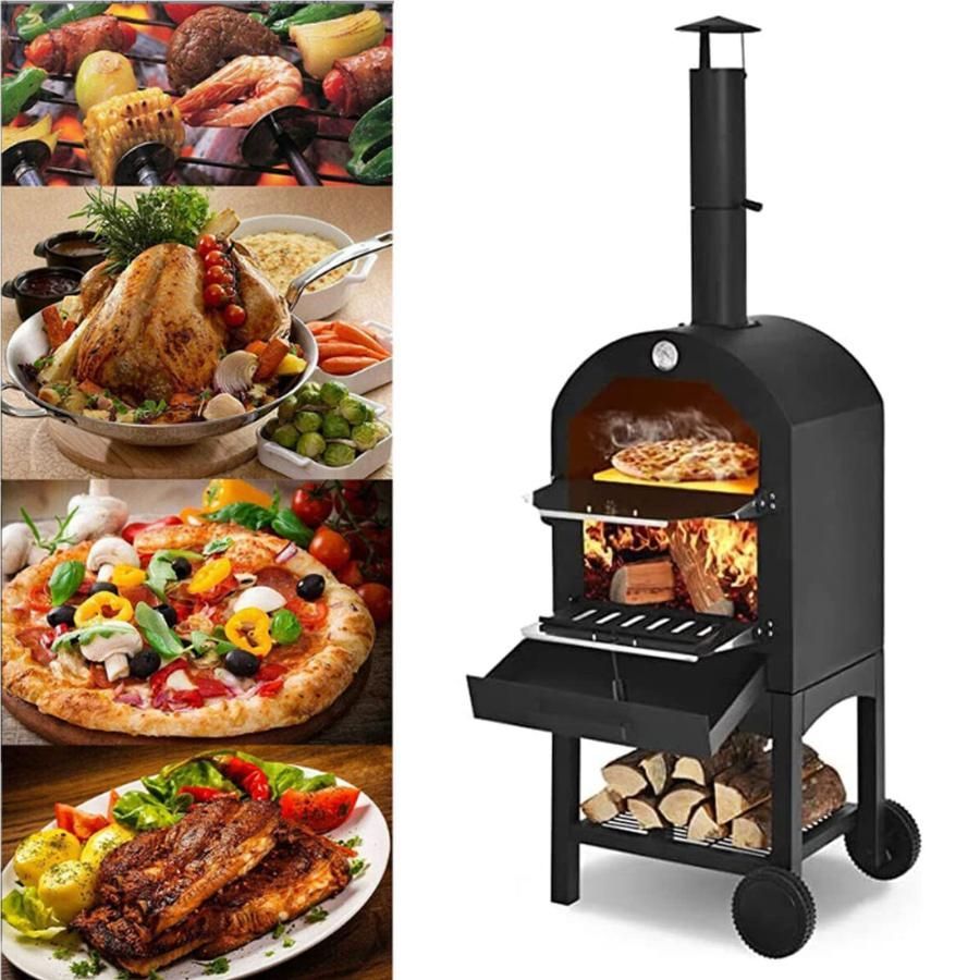 ピザ窯 ピザオーブン キャンプ 屋外用 12 ポータブル 2層 薪ストーブ ピザメーカー ピザ焼き釜 最高火力900? 温度計付き 取り外し なホイール付き 煙突付き