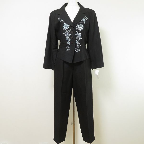 snc ケンゾー KENZO セットアップ パンツスーツ ツーピース 40 黒 麻混 刺繍 花柄 ヴィンテージ フランス製 レディース 969794