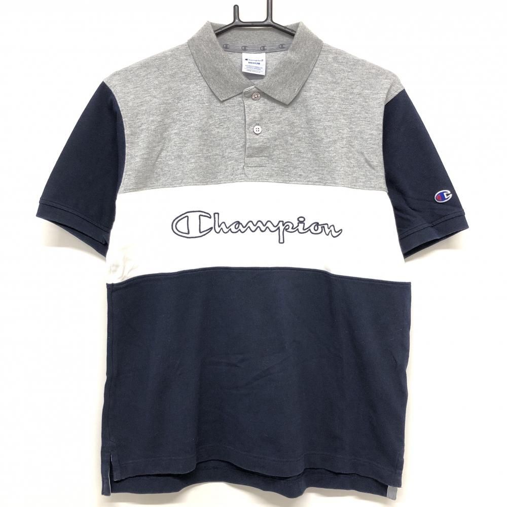 【超美品】チャンピオン 半袖ポロシャツ ネイビー×ライトグレー 3トーンカラー ロゴ刺しゅう メンズ MEDIUM ゴルフウェア Champion