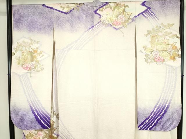 はなくま✾m499＊金駒刺繍 御所車 花車 扇子 牡丹 着物 振袖単品 正絹振袖 駒刺繍 御所車花文 暈し染 金彩 振袖セット 振袖フル