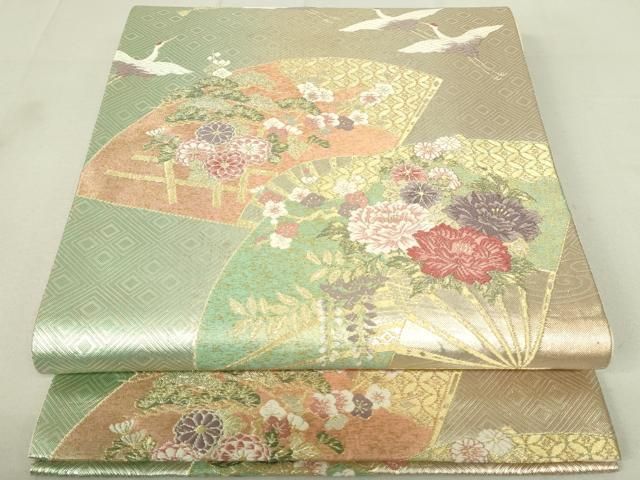 平和屋着物◎六通柄袋帯 唐織 飛鶴扇面花文 金銀糸 正絹 逸品