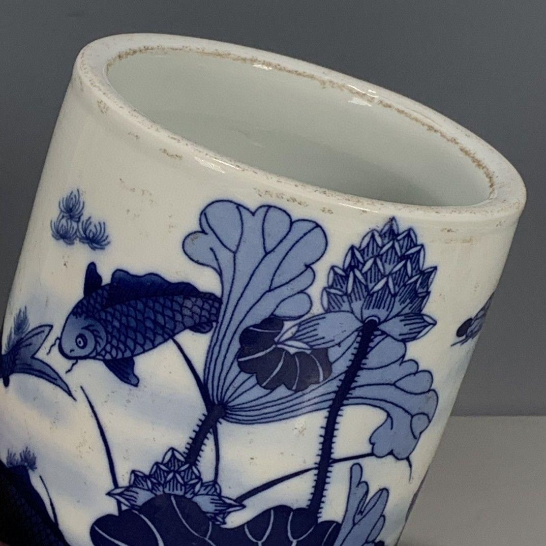 景徳鎮 磁器 青花荷葉紋筆筒 書具 文房具 現代工芸品 美術品