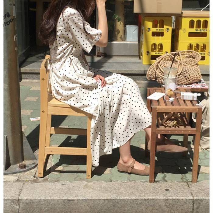 夏から秋にぴったりのドット柄ワンピース♪お出かけやデート、女子会にもオススメ！ 大きめドット柄ロングワンピース❤️春夏女子会・デートに最適