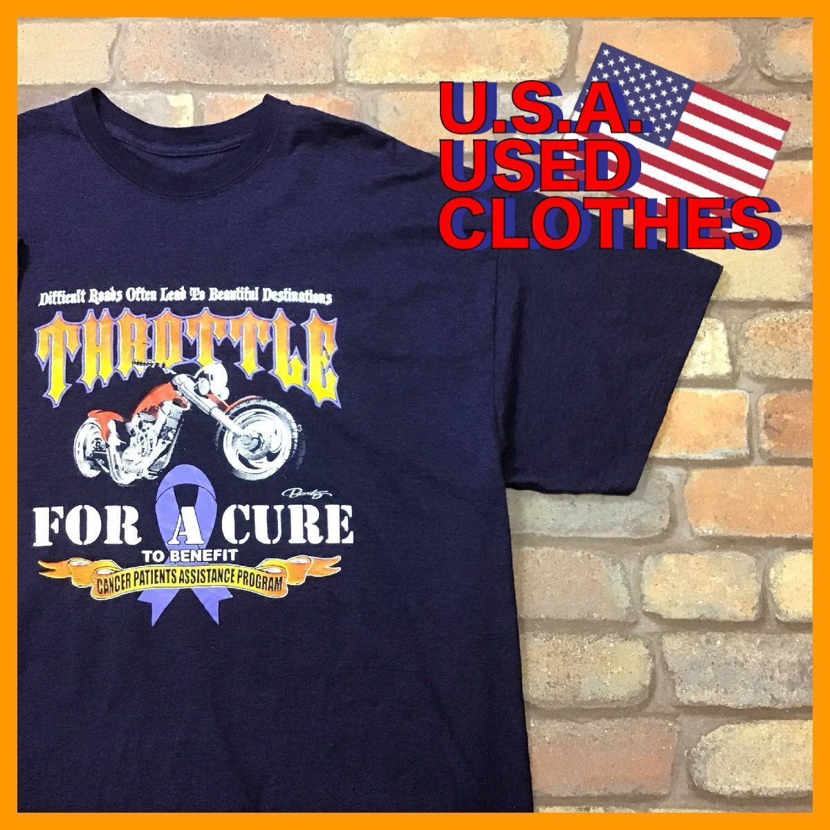 ME12-554USA直輸入美品【THROTTLE FOR A CURE】バイク 企業ロゴ 両面プリント Tシャツ【メンズ XL程度】メイビー アメカジ バイカー
