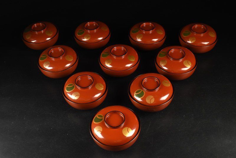 蔵A3344b 木製濃朱塗 つぼつぼ蒔絵 吸物椀 汁椀 十客