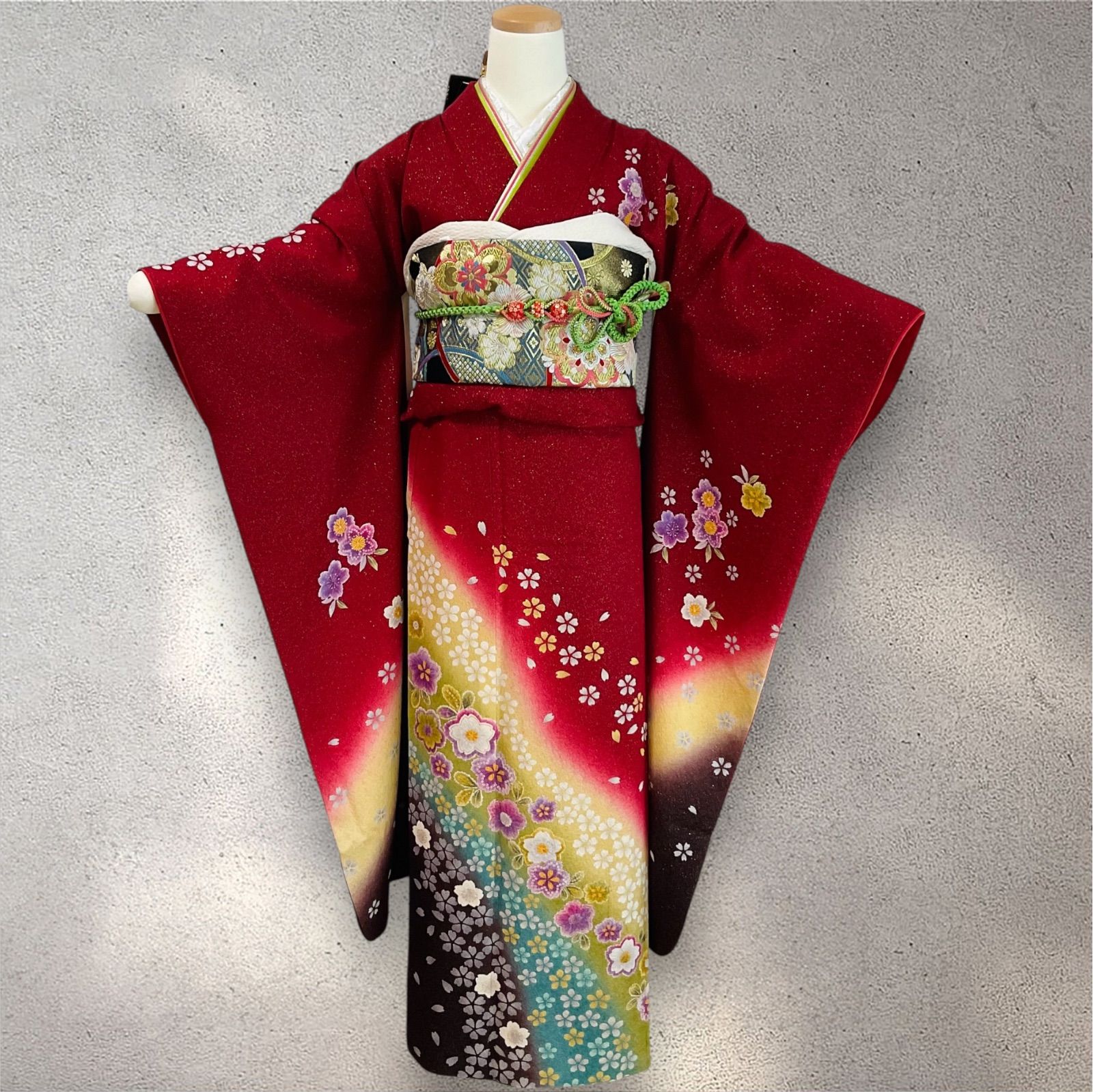 振袖 振袖フルセット 赤系 濃い赤 金通し 桜 花びら 正絹