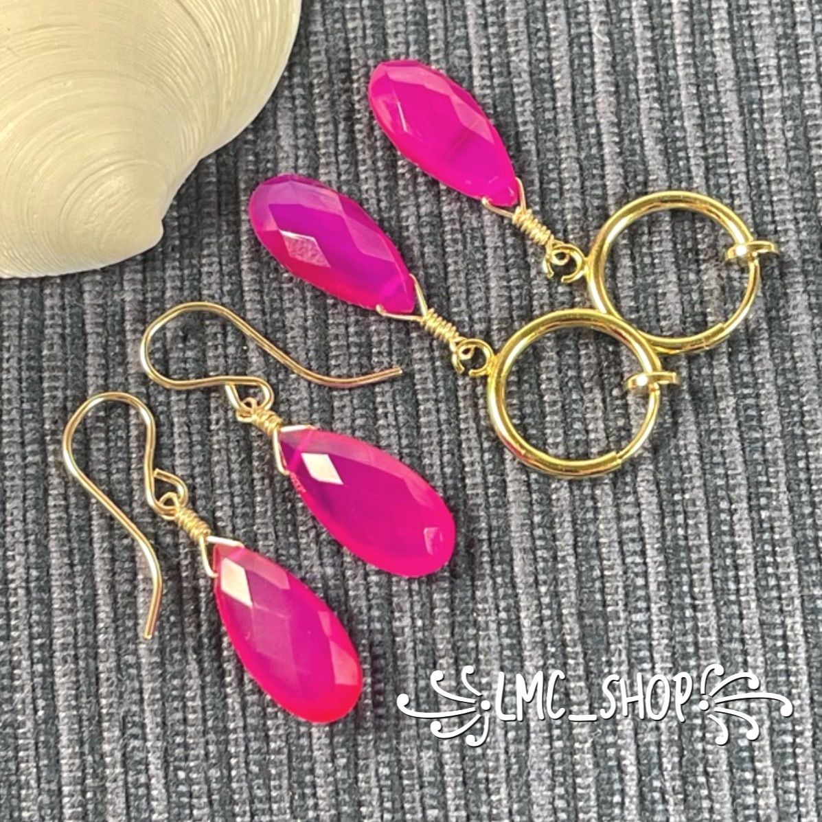天然石ピアスk14gf【フューシャピンクカルセドニーペアシェイプ