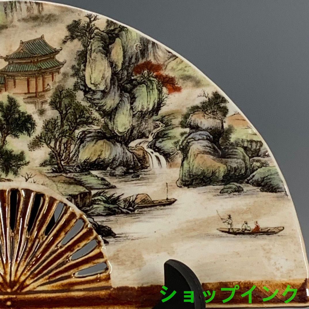 民国時代パステル色山水磁器扇置物 景徳鎮 陶磁器 装飾品 現代