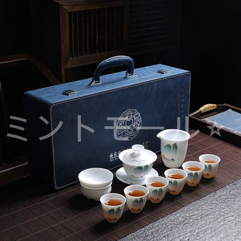 高山流水 手描き 羊脂玉磁器 光沢仕上げ 茶器11点セット 父の日 母の日 プレゼント 茶器セット 急須セット 日本茶セット 茶具 ギフト 工