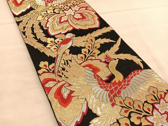 平和屋着物◎六通柄袋帯 鳳凰桐文 黒地 金銀糸 正絹 逸品