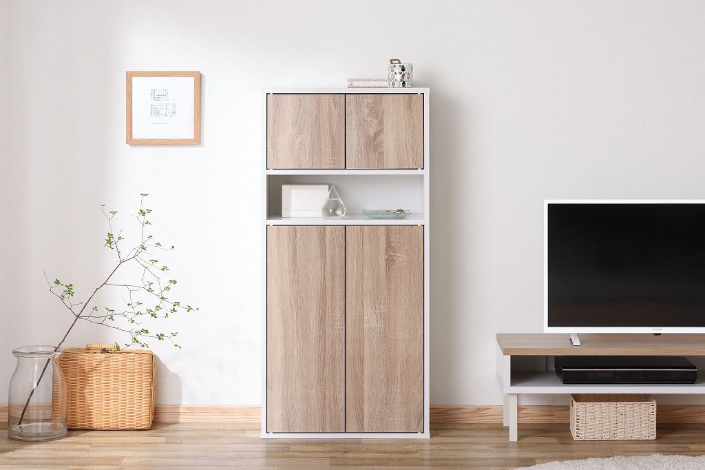 アイリスオーヤマ HIROBIROシリーズ ウッドリビングキャビネット 幅約54×奥行約26×高さ約112.4cm 食器棚 ラック 棚 11段階調整 ウォームホワイト ライトナチュラル WRC-540 IRIS OHYAMA