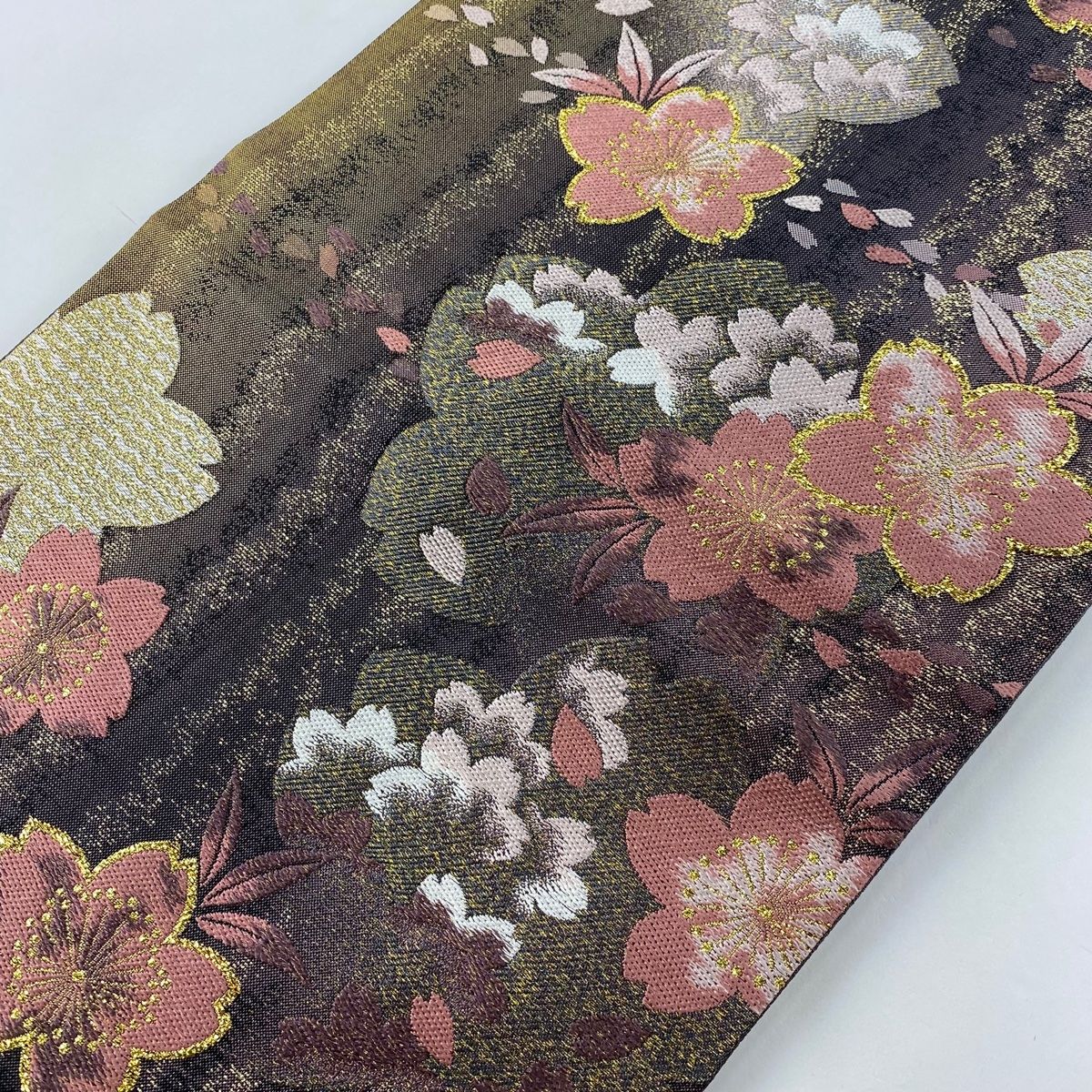 袋帯 美品 秀品 やまと 桜 金銀糸 箔 茶紫 六通 正絹 【中古