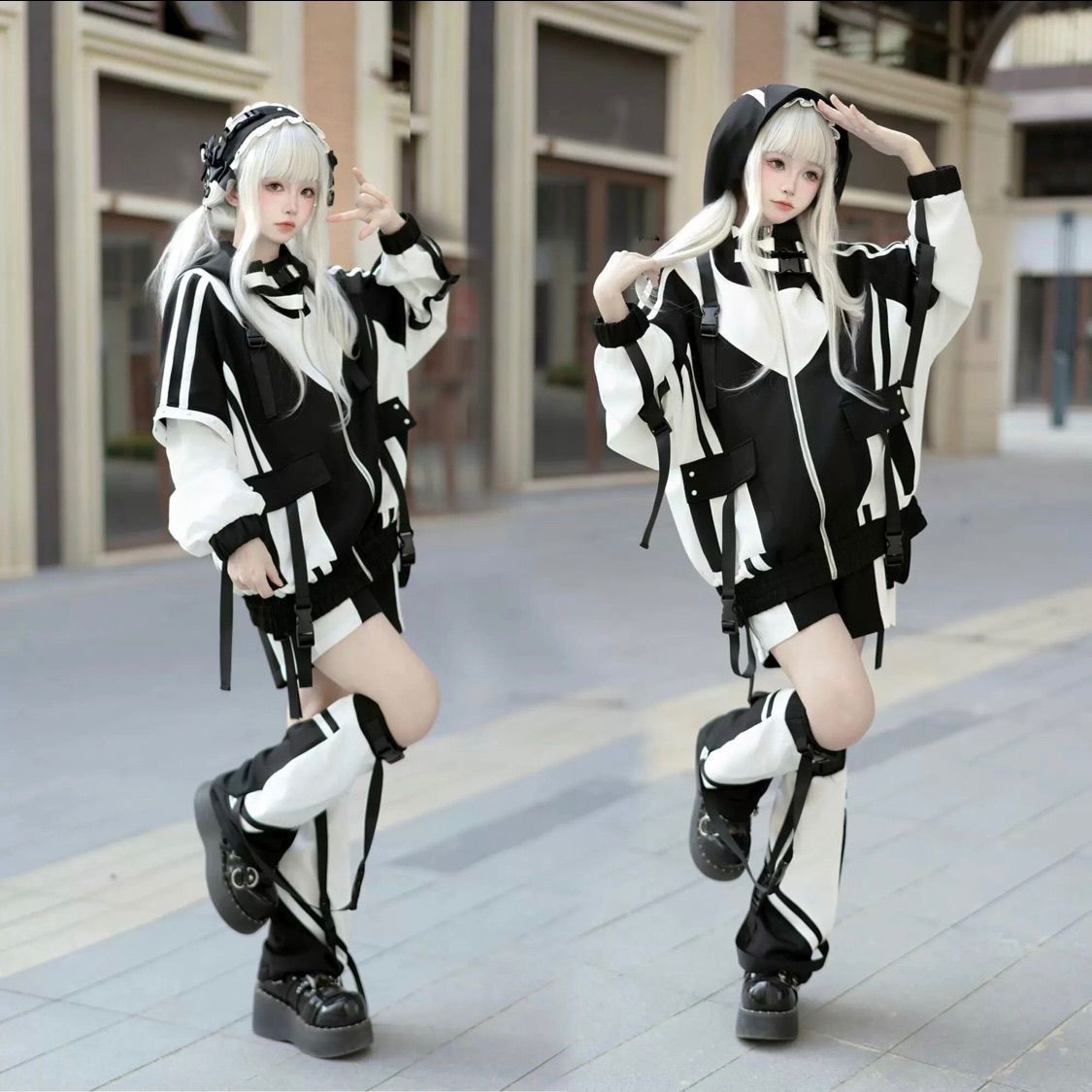 セットアップ ブラック ホワイト バイ ジェンダーレス ハイネック ジップアップ サブカル 服 オーバーサイズ 大きめ ゆっ