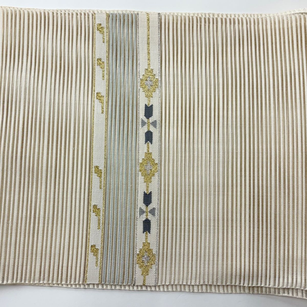 名古屋帯 美品 秀品 夏帯 八寸名古屋帯 絽 幾何学模様 金銀糸 クリーム