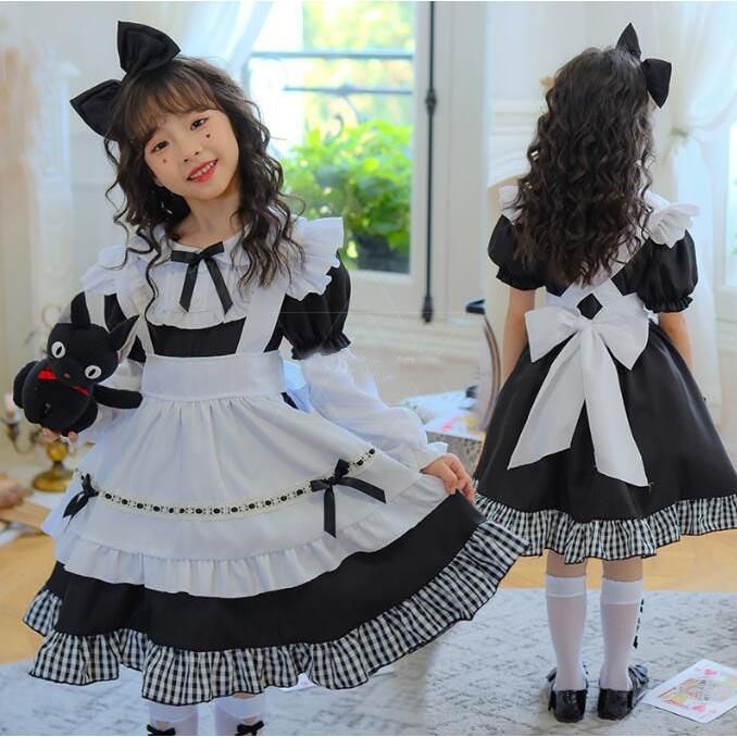 メイド服5点セット 子供服 女の子 メイドコス ハロウィン コスプレ衣装 半袖 長袖 黒白 チェック フリル メイド服 可愛い ウェイトレス キッズ ジュニア リボン