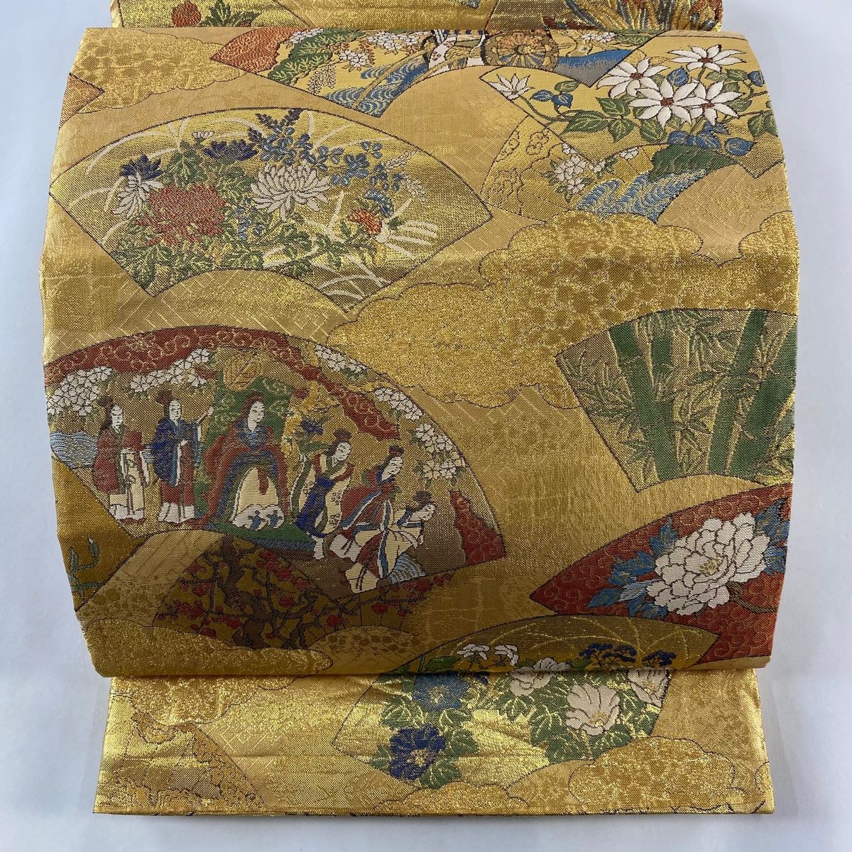 丸帯 秀品 扇面 人物 箔 金色 六通 正絹