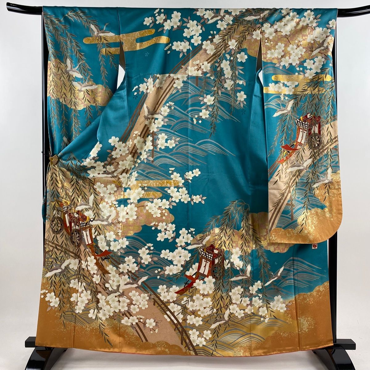 振袖 身丈164cm 裄丈67cm M 袷 御所車 桜 金糸 金彩 緑 正絹 秀品