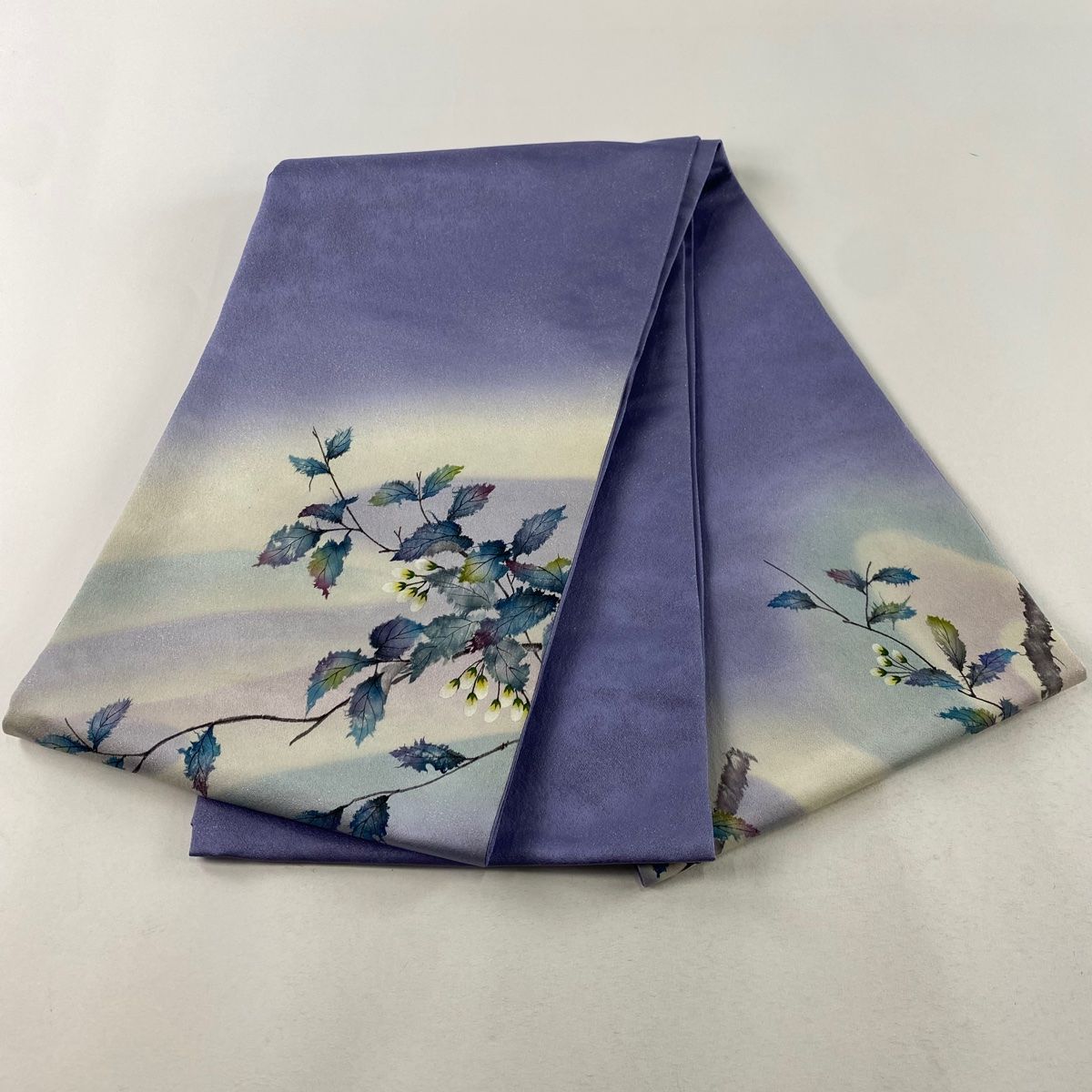 袋帯 秀品 落款 やまと 枝花 銀通し ぼかし 青紫 お太鼓柄 正絹