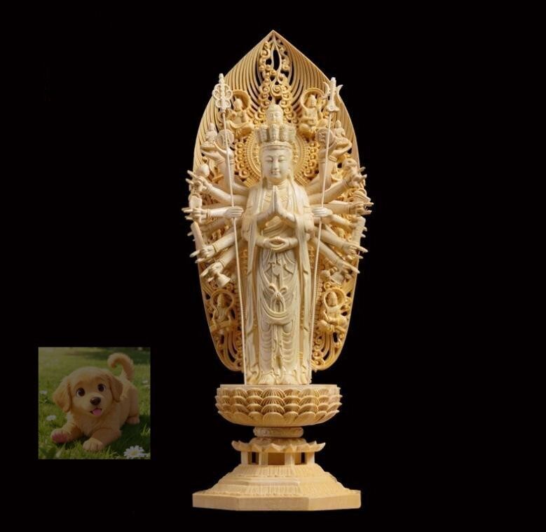 上品 仏教美術 千手観音菩薩 精密彫刻 仏像 手彫り 木彫仏像 仏師手仕上げ品 高さ43cm