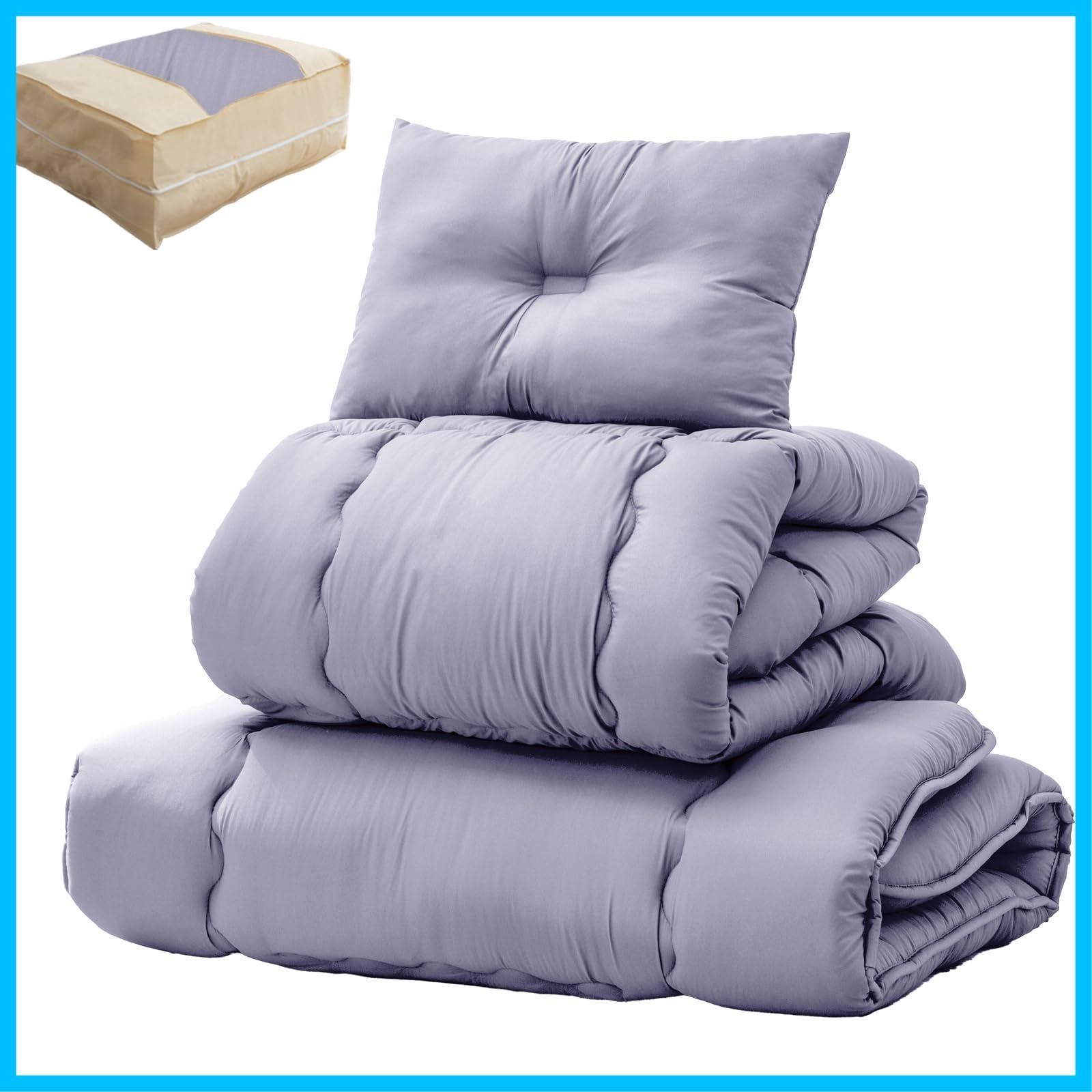 在庫 シングル 布団セット 4点セット 高密度固綿入り 三層敷布団 洗える 抗菌 防臭 タンスのゲン ホコリが出にくい ピーチスキン加工 低ホルムアルデヒド 収納ケース ラベンダーグレー 61140237 85041