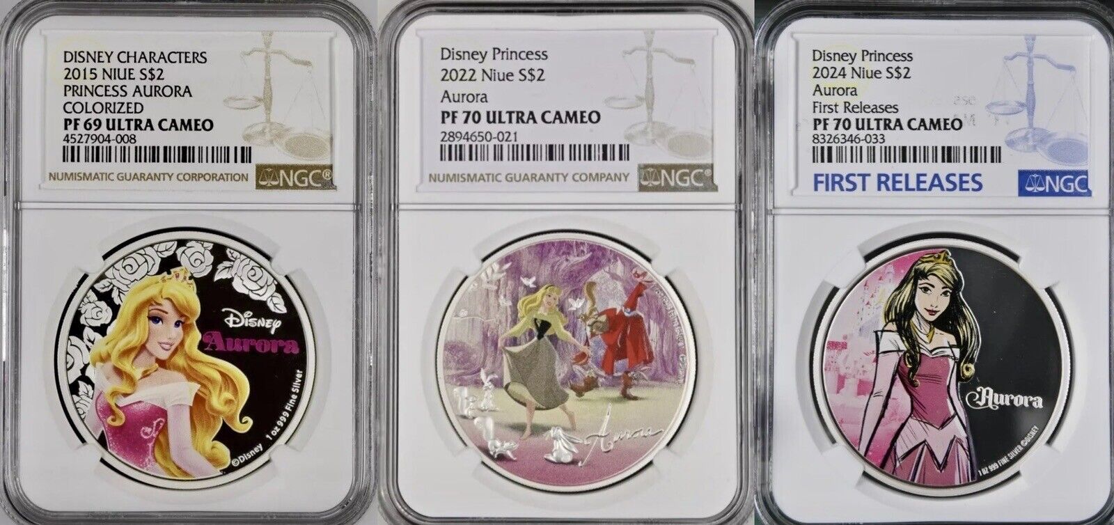 3 DISNEY Sleeping Beauty PRINCESS AURA .999 2015|2025|2025 NIUE NGC PF69|70 UC
