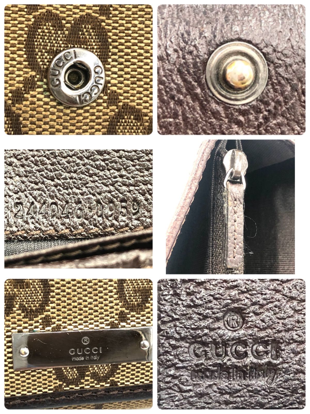 GUCCI グッチ GGキャンバス×レザー 長財布 ブラウン ロゴプレート 