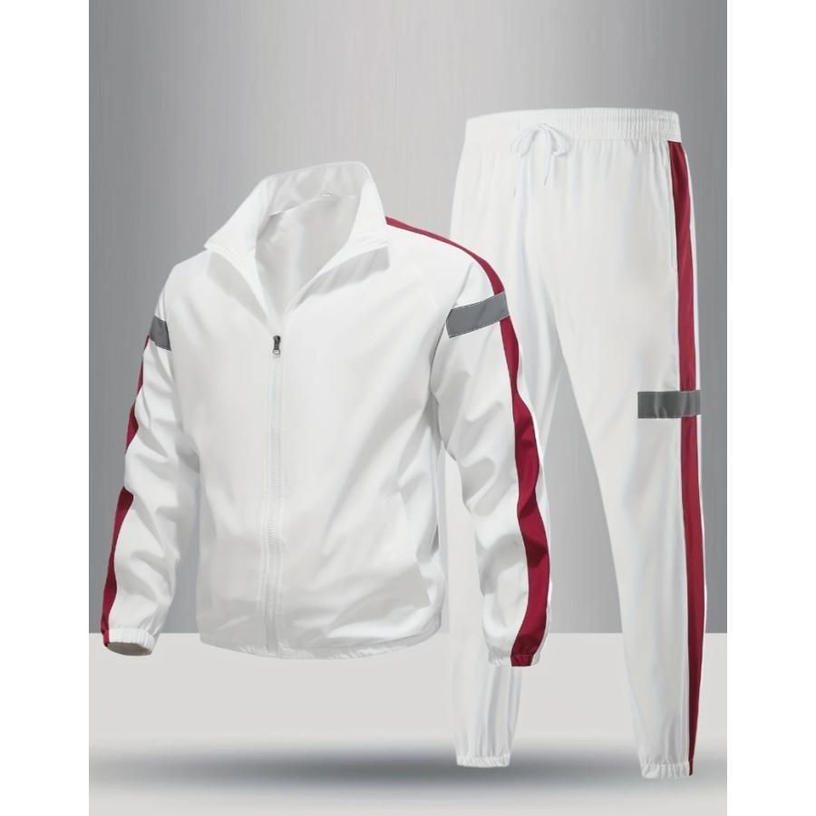 メンズ春秋ファッションスタンド スポーツスーツ 長袖 サイドストライプディテール レギュラーフィット 成人男性向け 外出 カジ