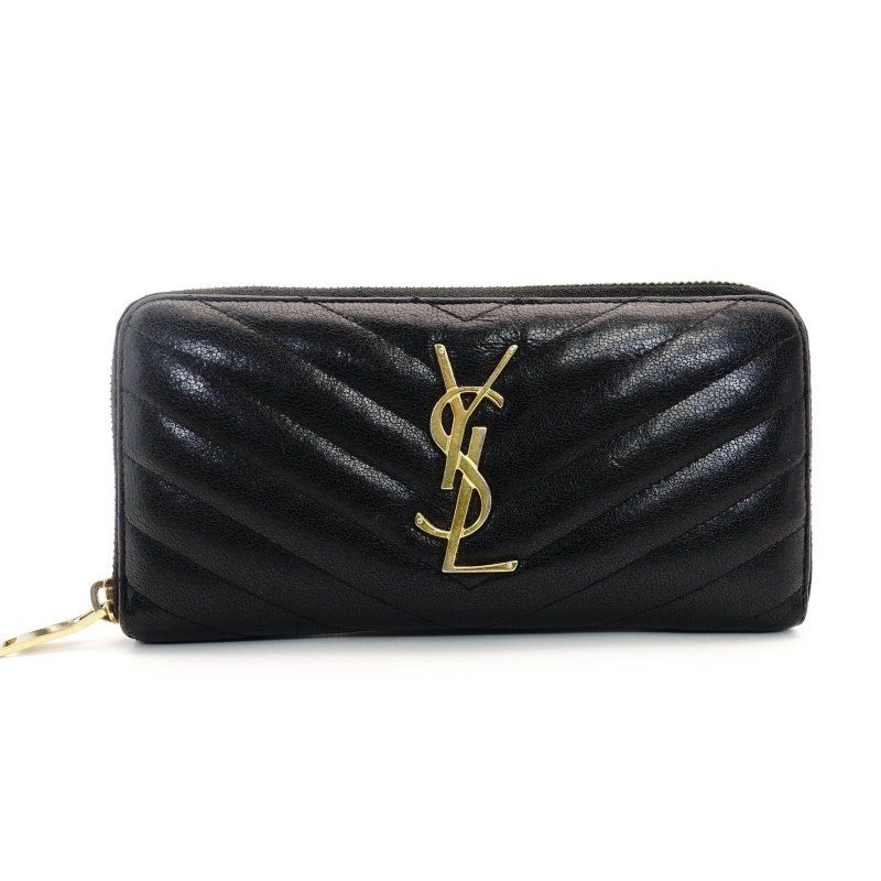 サンローラン SAINT LAURENT 長財布 ブラック YSL ロゴ 黒 レザー ジッパー ゴールド金具 7-7-753