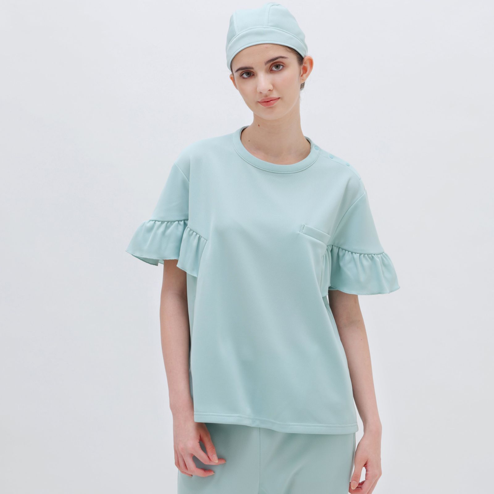 医療スクラブ 医療ユニフォーム おしゃれスクラブ Frill Sleeve Shirt_GREEN03