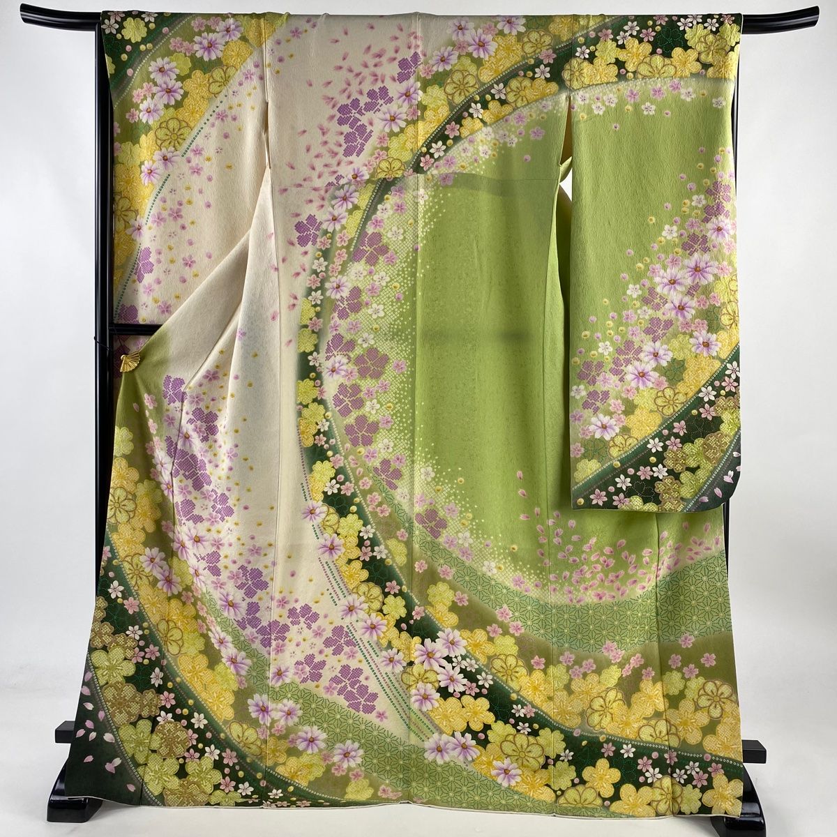 振袖 身丈173cm 裄丈66.5cm M 袷 コスモス 麻の葉 銀通し 染め分け  