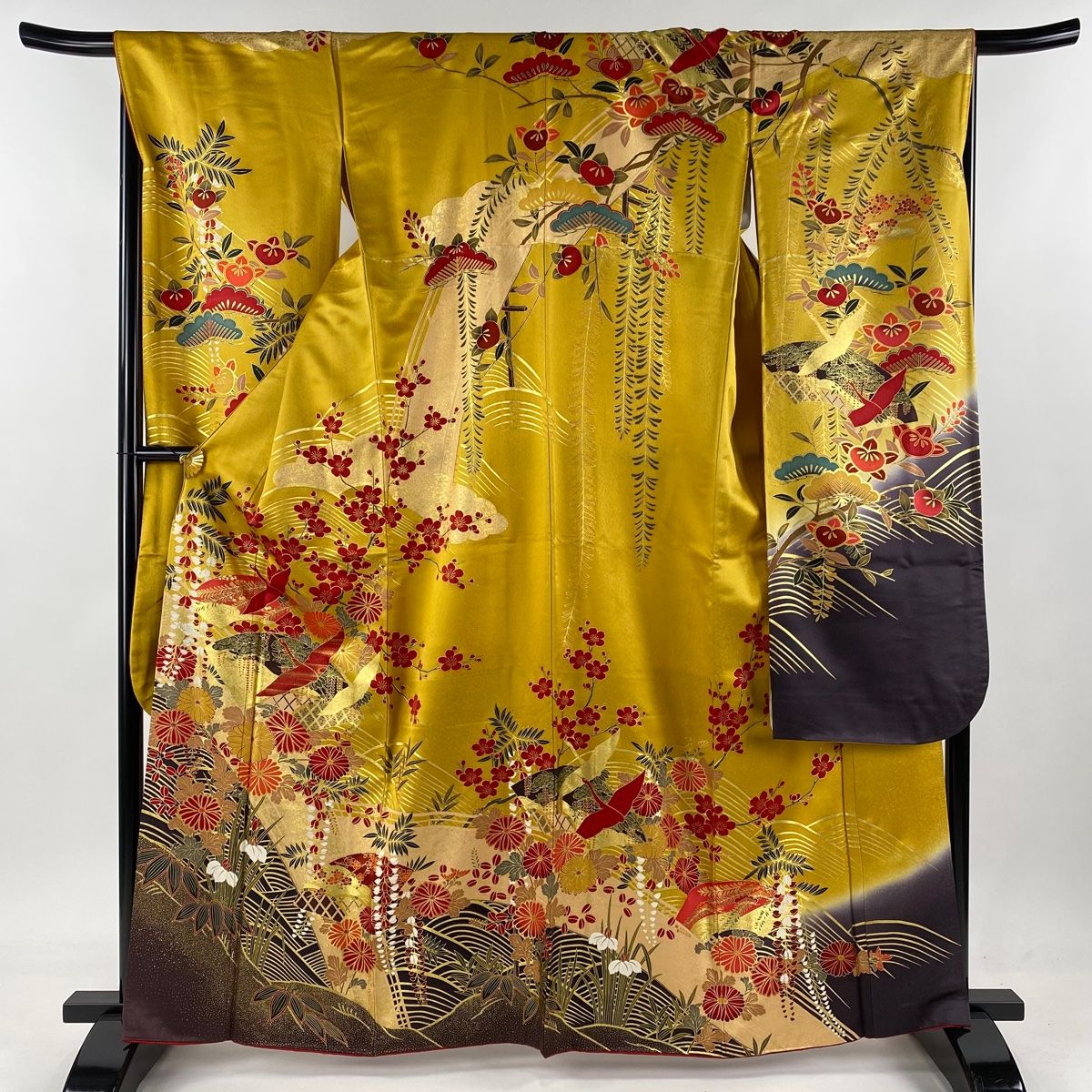 振袖 身丈164cm 裄丈67cm M 袷 鶴 松竹梅 金彩 山吹色 正絹 名品