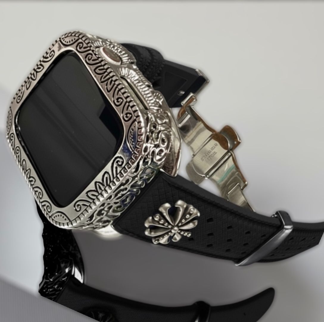 AppleWatchカスタム フッ素ラバー バンド 彫刻カバー ケース アップルウォッチ用 ベルト 44 45 46 49 SE Ultra 110