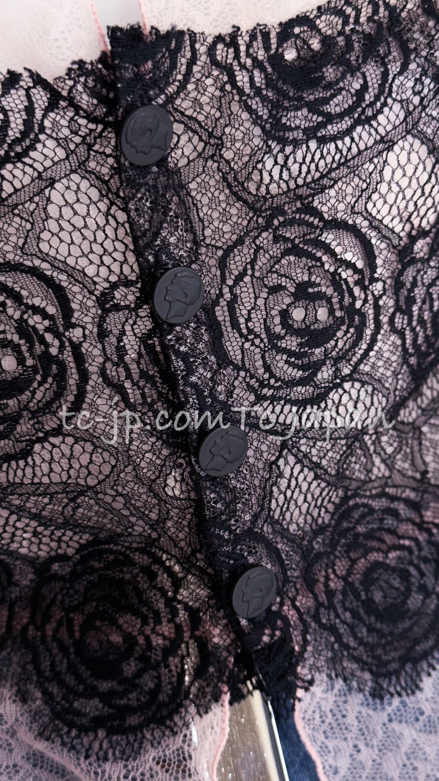 シャネル トップス CHANEL ピンク ブラック カメリア レース コットン  
