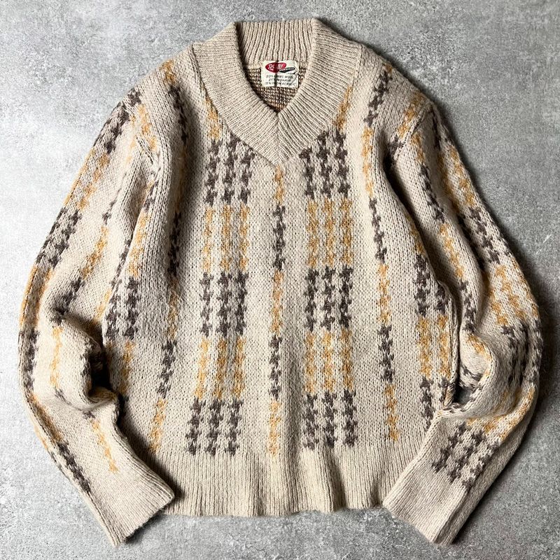 60s RUGBY SPORTSWEAR ストライプ 総柄 Vネック 25% モヘア ラムウール 