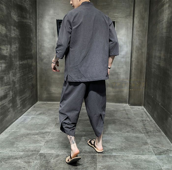 メンズ セットアップ 半袖 綿麻 上下セット リネン 半袖シャツ サルエルパンツ 2点セット 五分袖Tシャツ 七分丈綿麻パンツ 春夏 涼しい ゆったり 通気性よい 大きいサイズ ギフト カジュアルセットアップ 無地 gjdz auDC 855