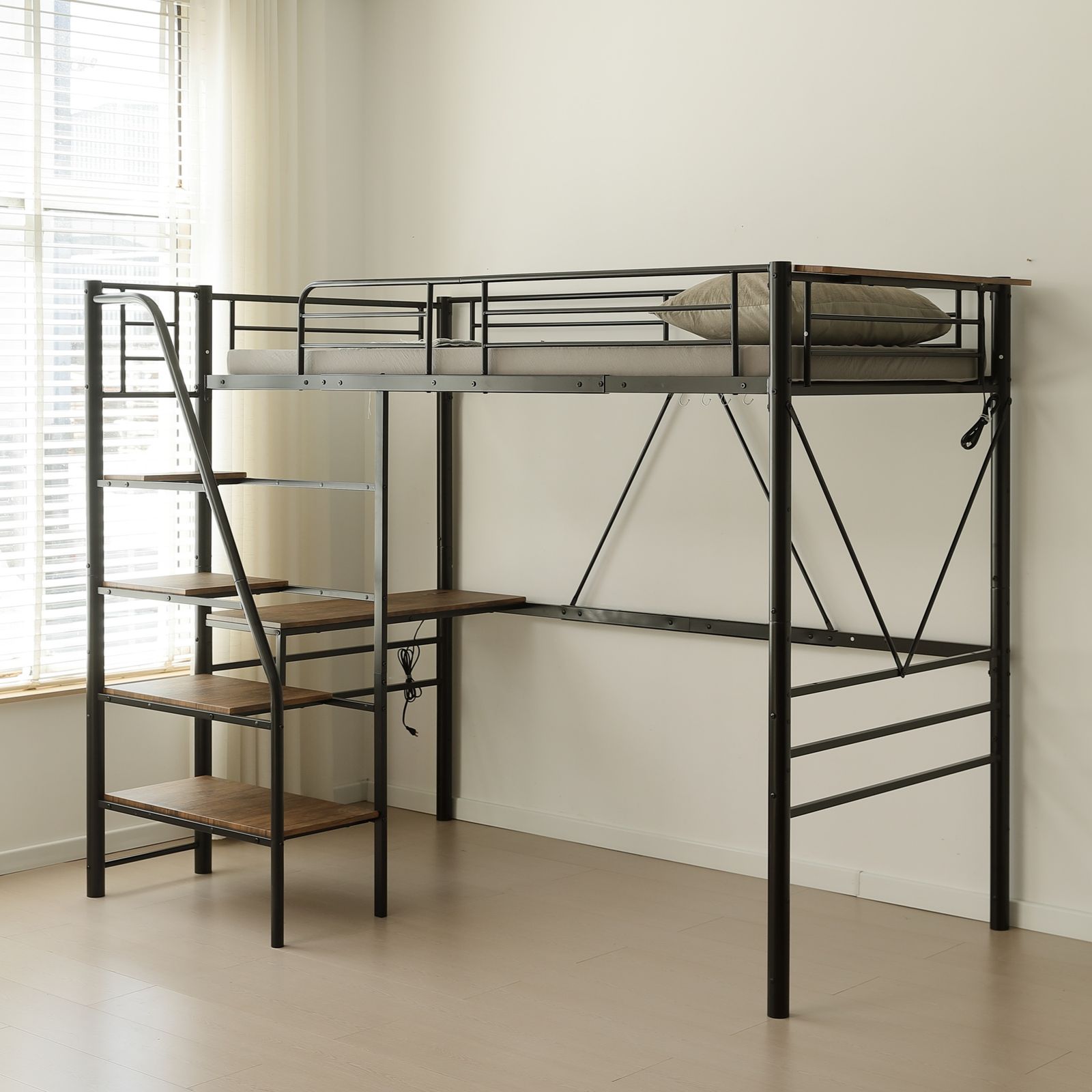 11 割 S ロフトベッド 階段付き デスク付き S パイプベッド シングル 収納 スチール 耐震 ベッド パイプベッド フレームのみ Sシングル