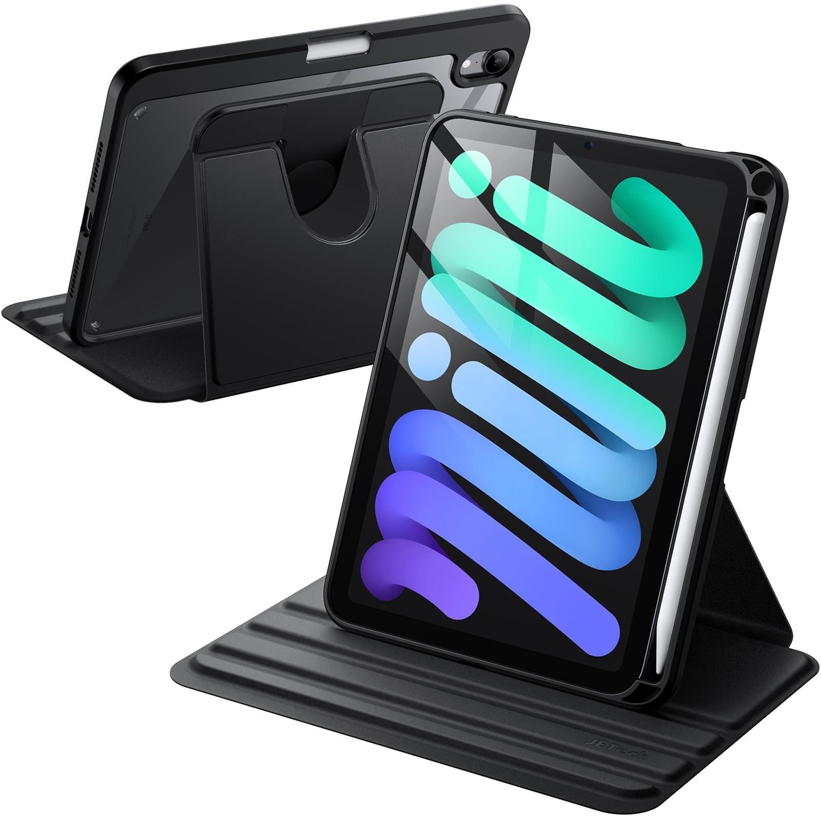 JEDirect 回転ケース iPad Mini 6用 (8.3インチ、2021モデル) Pencilホルダー付き 360回転保護 スタンドカバー クリアバック 自動ウェイク/スリープ (ブラック)