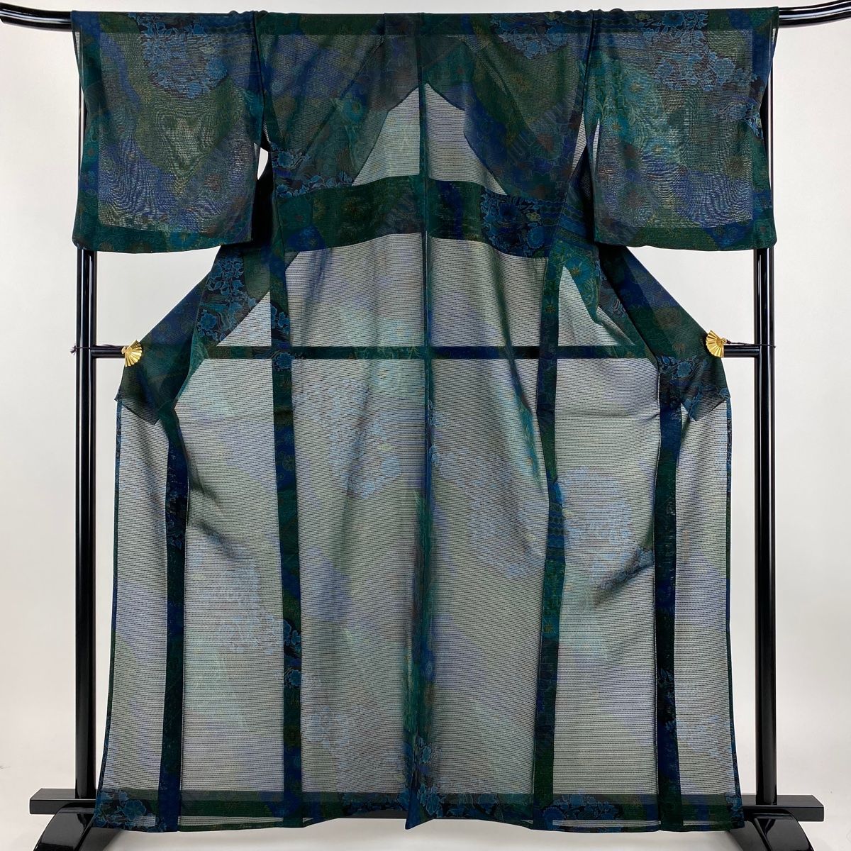 小紋 身丈162cm 裄丈69.5cm L 薄物 前田仁仙 落款 草花 動物 青緑 正絹  