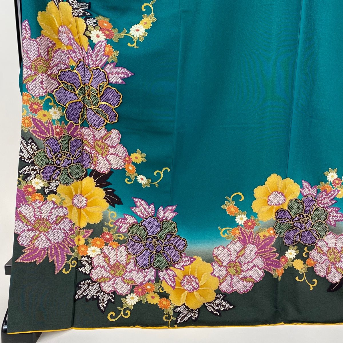 振り袖　セット　深緑　金彩加工　刺繍入り　長尺袋帯　小物付　366 銀通し 刺繍 金彩 2点セット 振袖 袋帯 花柄 トールサイズ 正絹