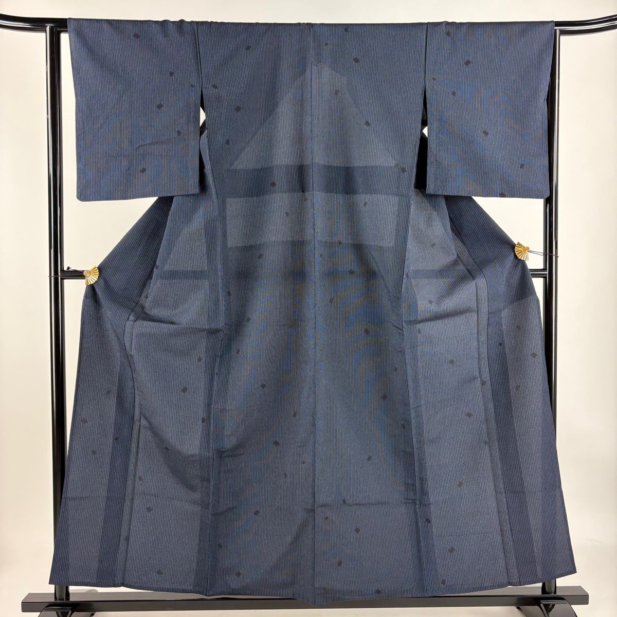 塩沢紬 身丈157.5cm 裄丈63.5cm S 単衣 塩沢絣 証紙 縦縞 紺色 正絹 名品