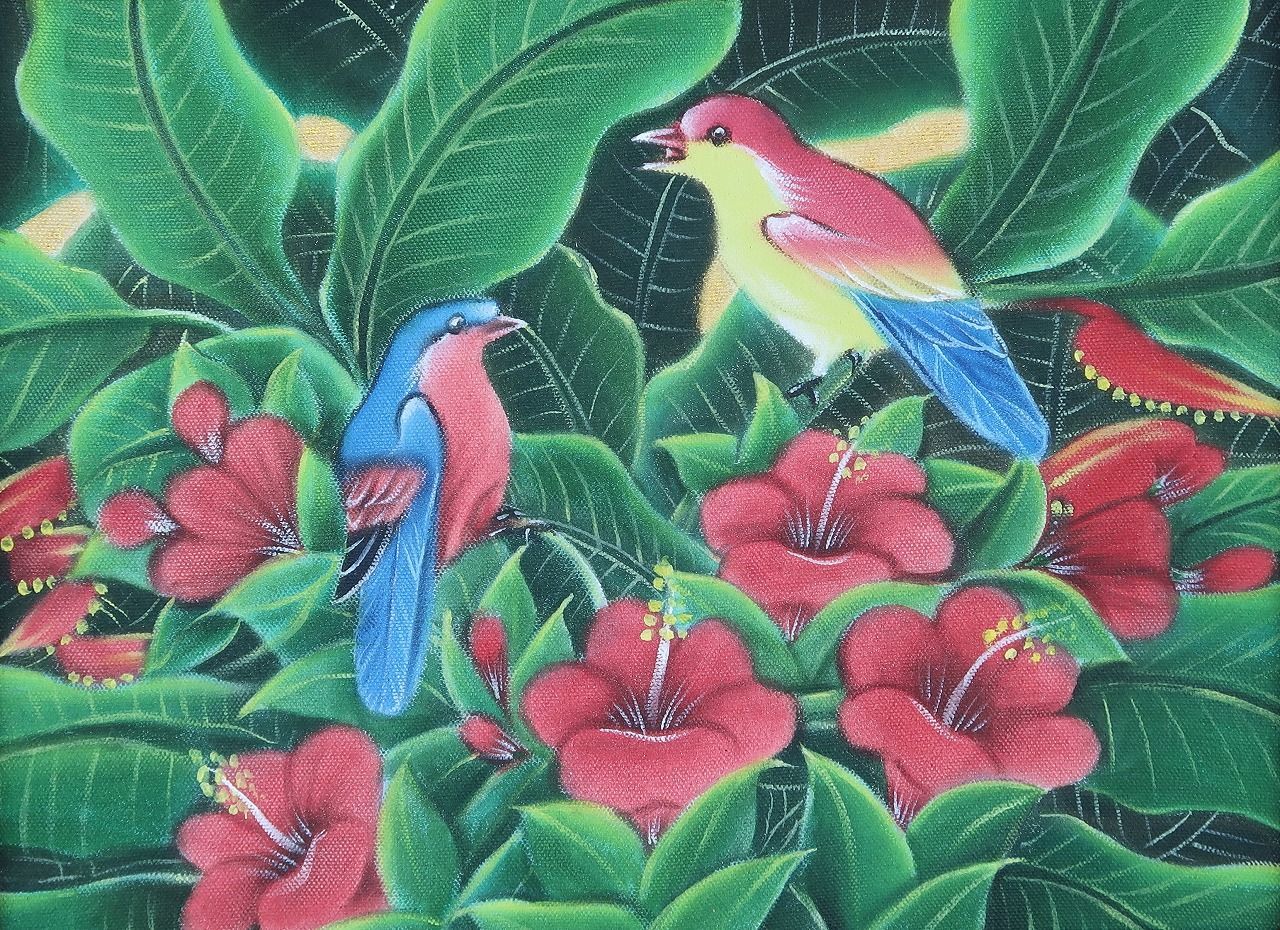 2匹の鳥とハイビスカスの絵 ブンゴセカンスタイル 52X42 ハワイアン アジアン バリ絵画 アート リゾート インテリア 240401 - メルカリ