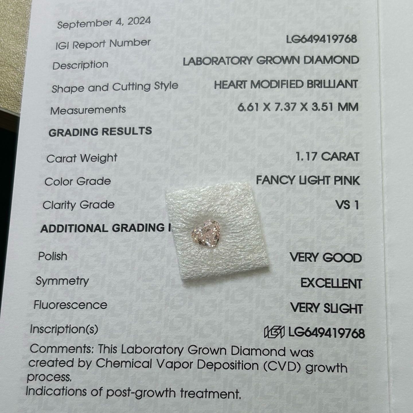 1.17ct VS1 Fancy Light Pink ラボグロウンダイヤモンド ルース