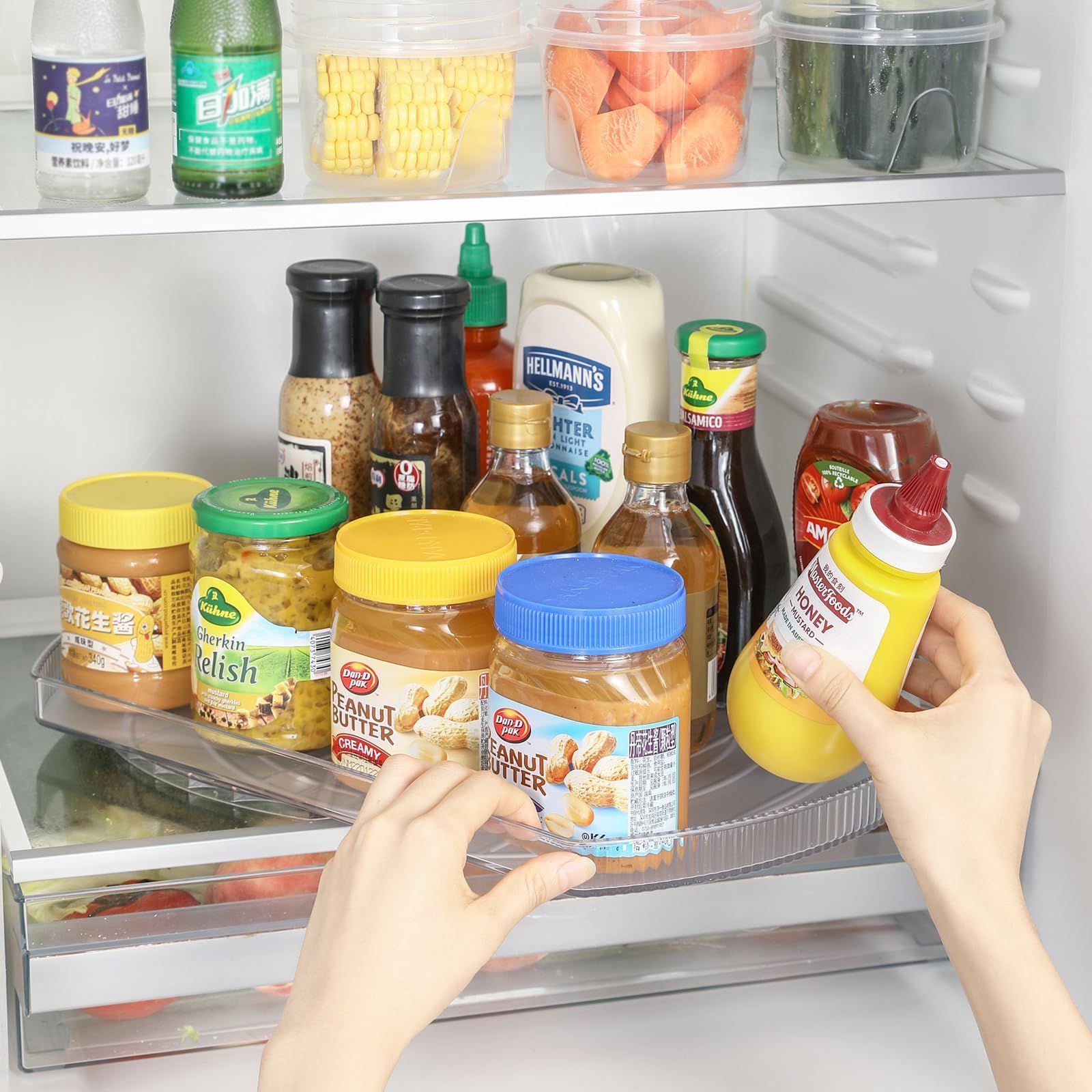 【人気商品】回転台 キッチントレイ 冷蔵庫上ラング 冷蔵庫回転だい 調味料ラック 卓上回転トレー 収納トレイ 調味料 キッチン収納 透明 四角い 回転トレイ 冷蔵庫トレー 360回転式冷蔵庫収