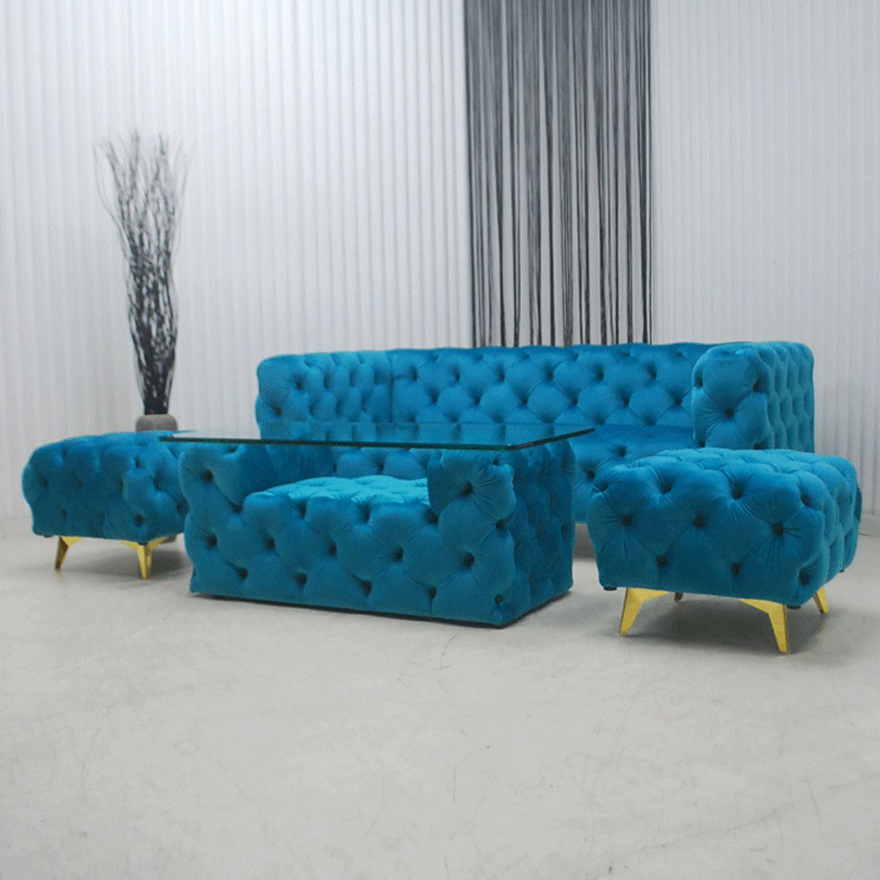 ラグジュアリー3Pソファー4点セット ブルー
