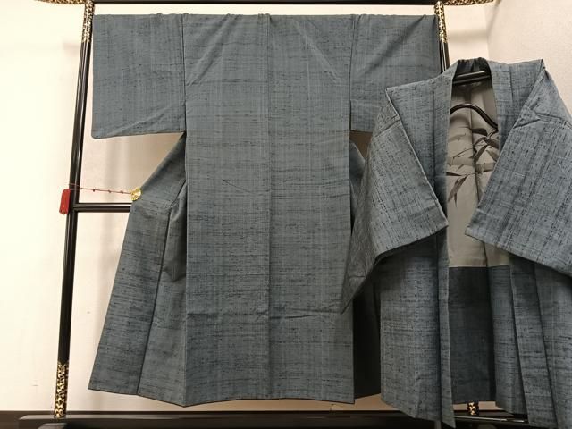 平和屋着物●男性 紬 アンサンブル 色無地 錆鉄御納戸色 正絹 AABC0640ph